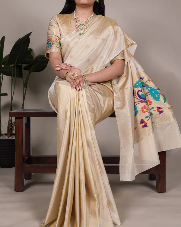 Womenline Cream Color Zari Weaving Tissue Paithani Saree