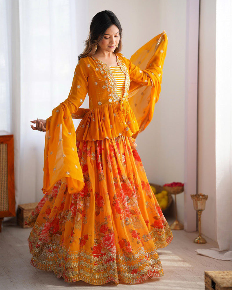 Womenline Mustard Color Georgette Printed And Embroidered Lehenga Choli