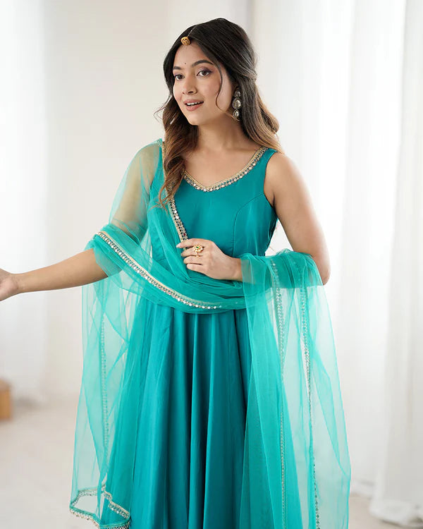 Womenline Rama Color Chanderi Pure Roman Silk Anarkali Suit