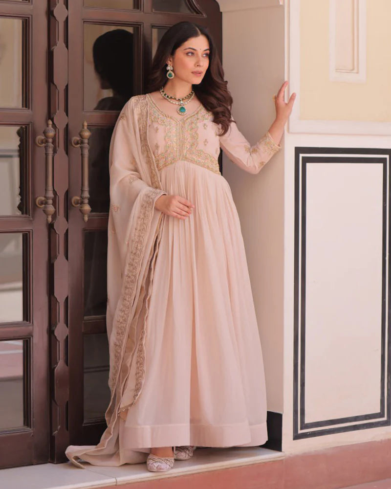 Womenline Cream Color Star Georgette Embroidered Gown