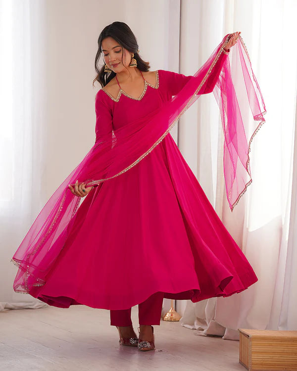 Womenline Rani Pink Color Chanderi Roman Silk Three Piece Anarkali Suit