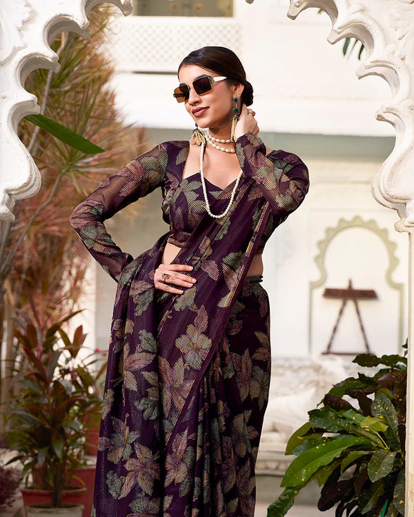 Womenline Wine Color Lurex Brasso Viscose Saree