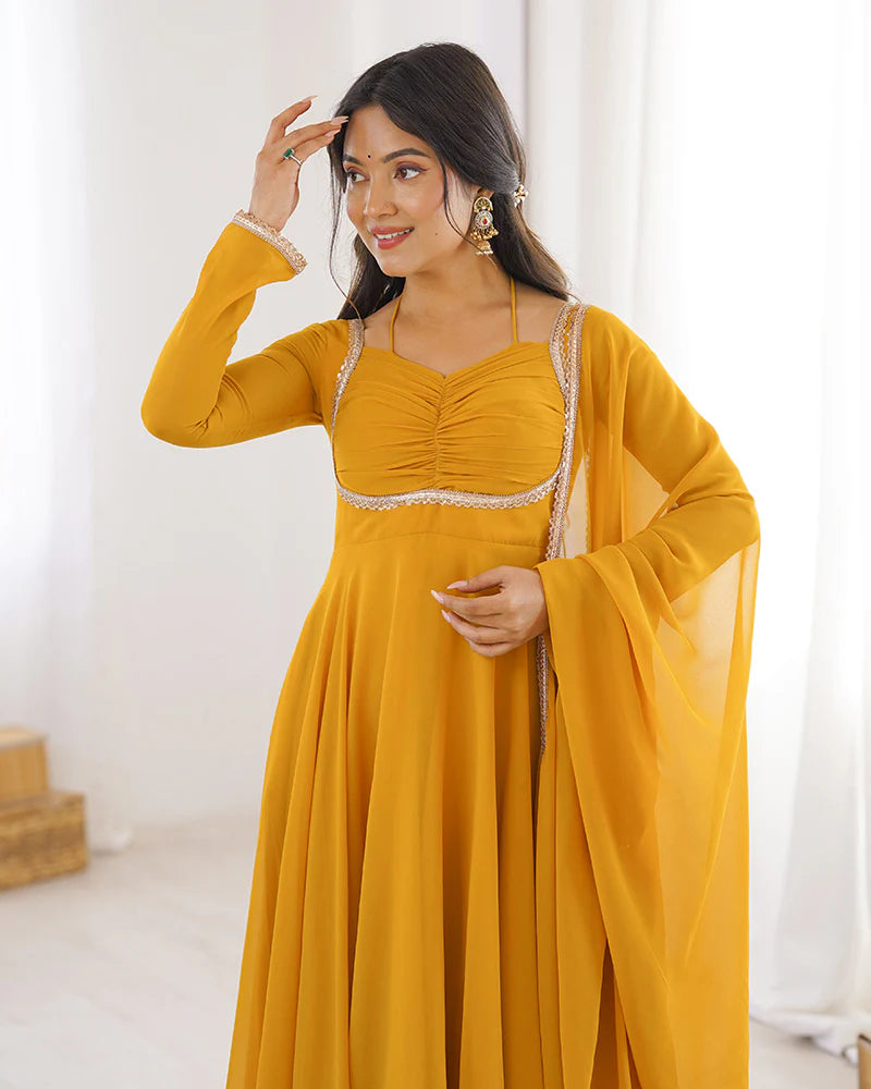 Womenline Yellow Color Pure Blooming Georgette Anarkali Gown