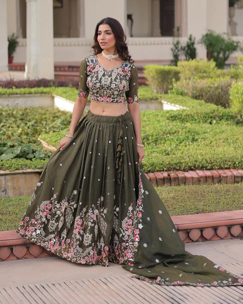 Womenline Mehndi Color Gold Crush Embroidered Lehenga Choli