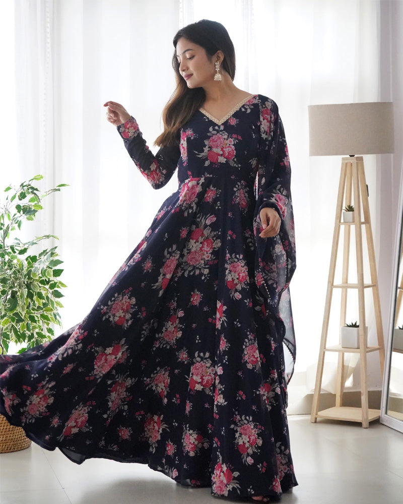 Womenline Floral Navy Blue Color Pure Soft Georgette Anarkali Suit