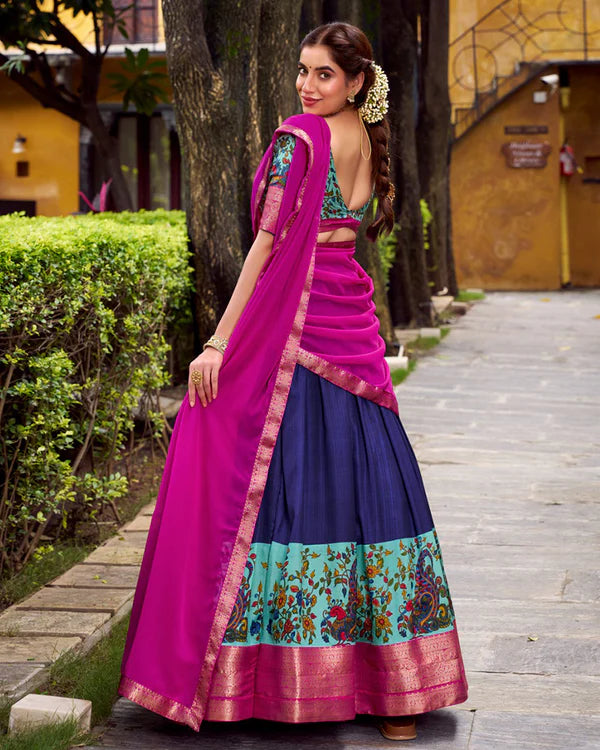 Womenline Navy Blue Color Aastha Silk Printed Half Saree