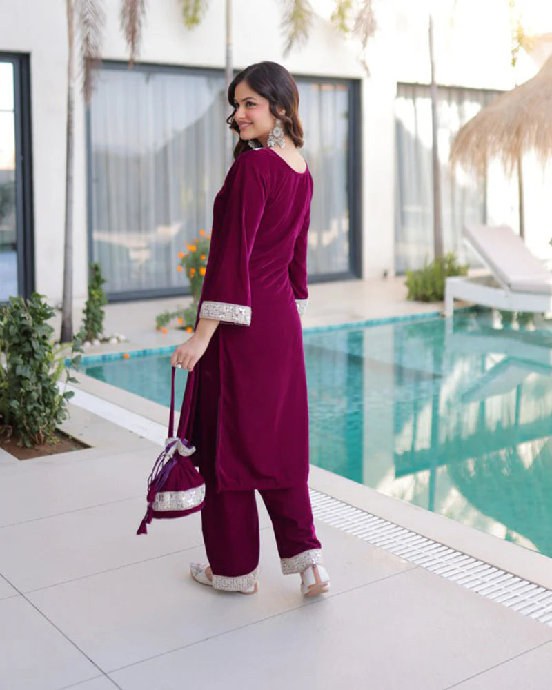 Womenline Wine Color Ice Velvet Embroidered Plazzo Suit
