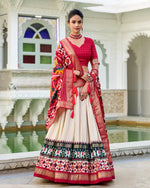 Womenline Off-White Color Tussar Silk Patola Printed Half Saree