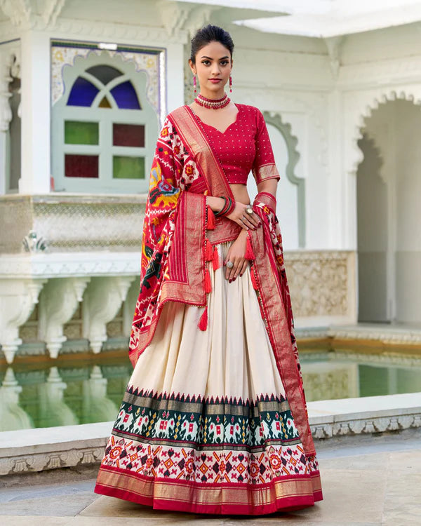 Womenline Off-White Color Tussar Silk Patola Printed Half Saree