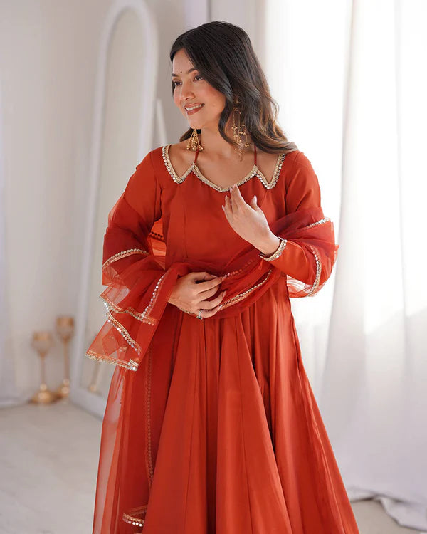 Womenline Rust Orange Color Chanderi Roman Silk Three Piece Anarkali Suit