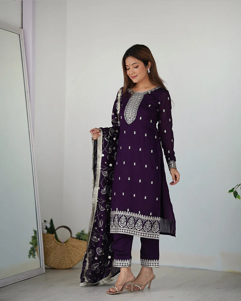 Womenline Purple Color Rangoli Silk Three Piece Kurti Suit