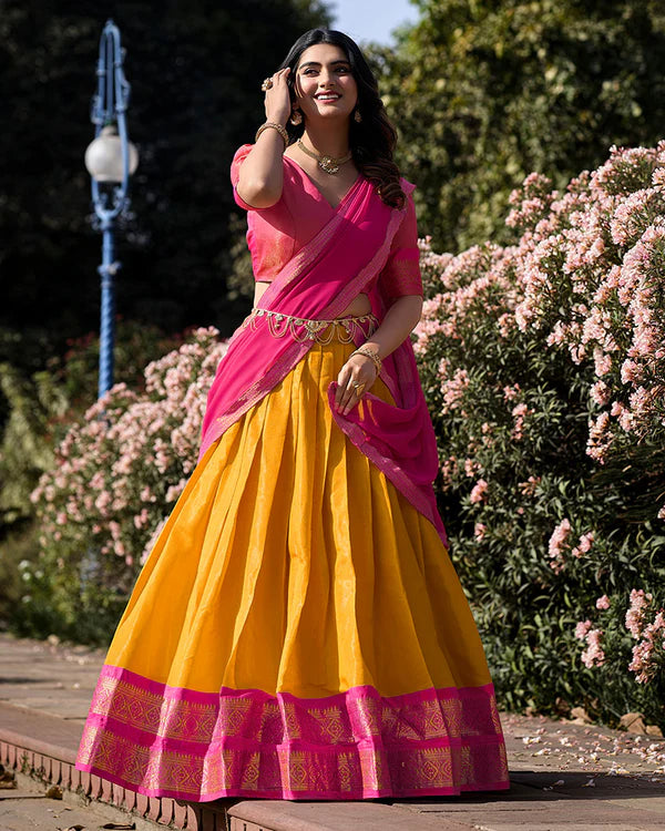 Womenline Mustard Color Kanchipuram Silk Designer Half Saree