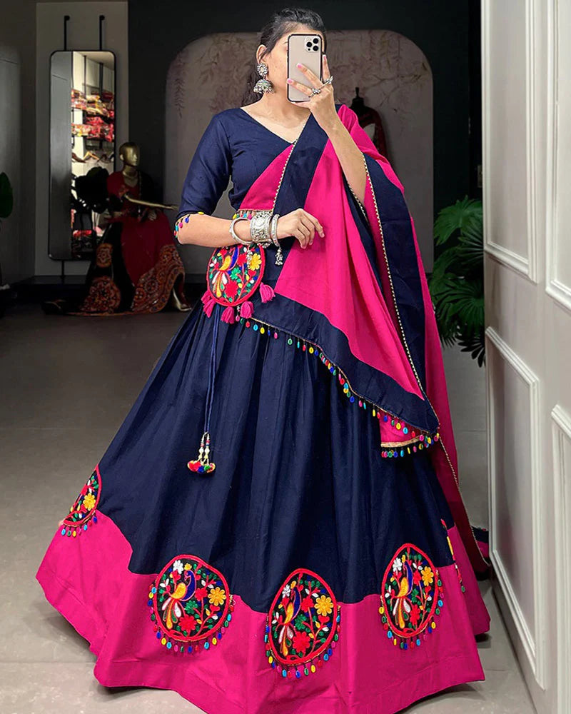 Womenline Navy Blue Color Pure Cotton Gamthi Work Navratri Lehenga Choli
