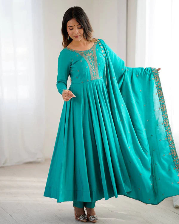 Womenline Rama Color Pure Chanderi Silk Three Piece Anarkali Suit