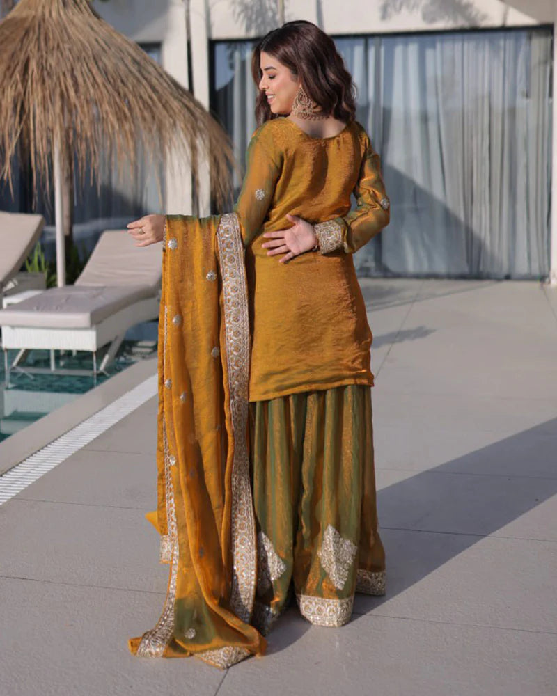 Womenline Golden Olive Color Fendi Crush Embroidered Plazzo Suit