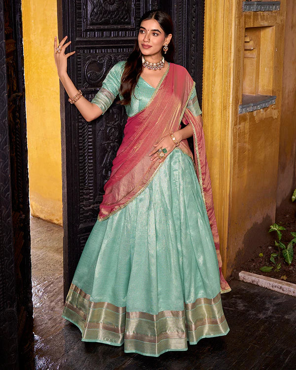 Womenline Sky Blue Color Dupion Silk Zari Weaving Half Saree