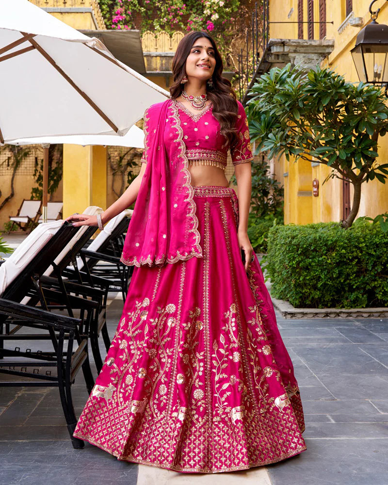 Womenline Rani Pink Color Natural Silk Embroidered Lehenga Choli