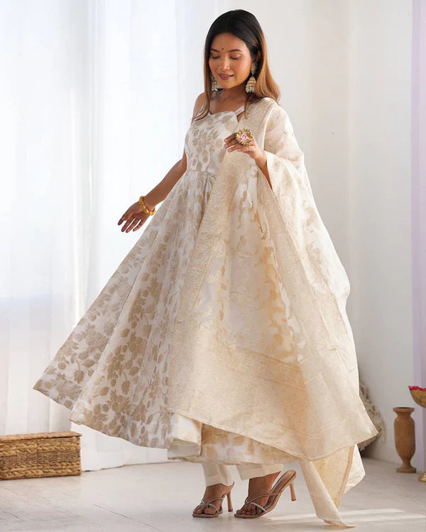 Womenline Off-White Color Banarasi Jacquard Silk Anarkali Suit