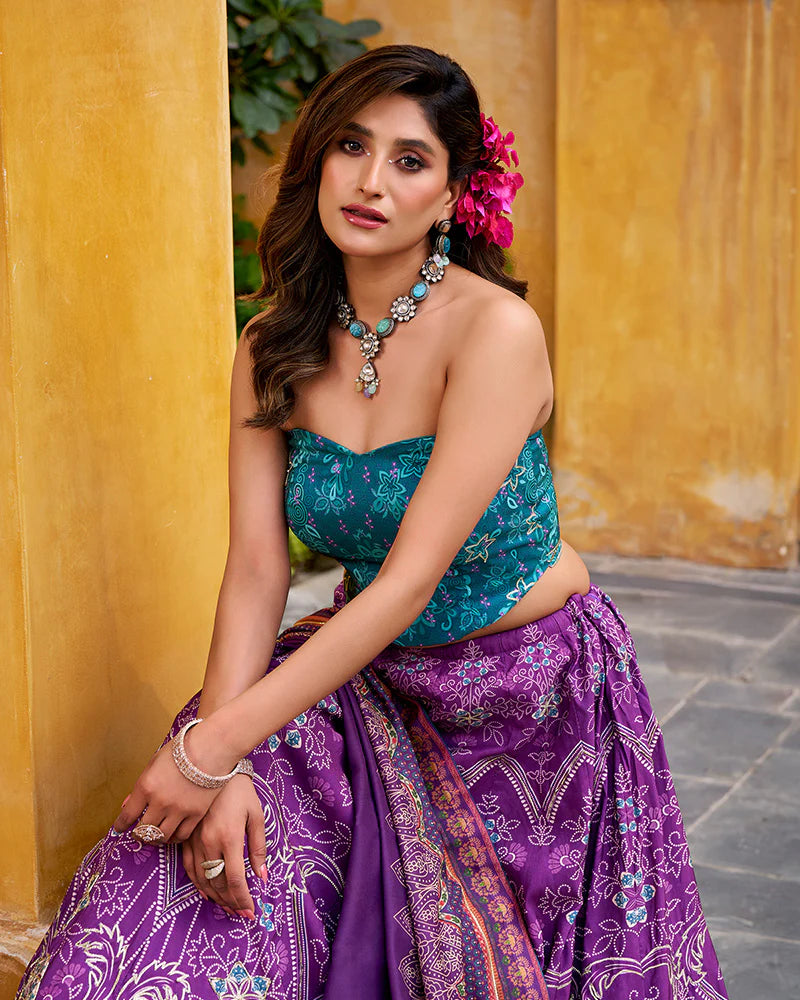 Womenline Purple Color Vichitra Silk Printed And Embroidered Lehenga Choli