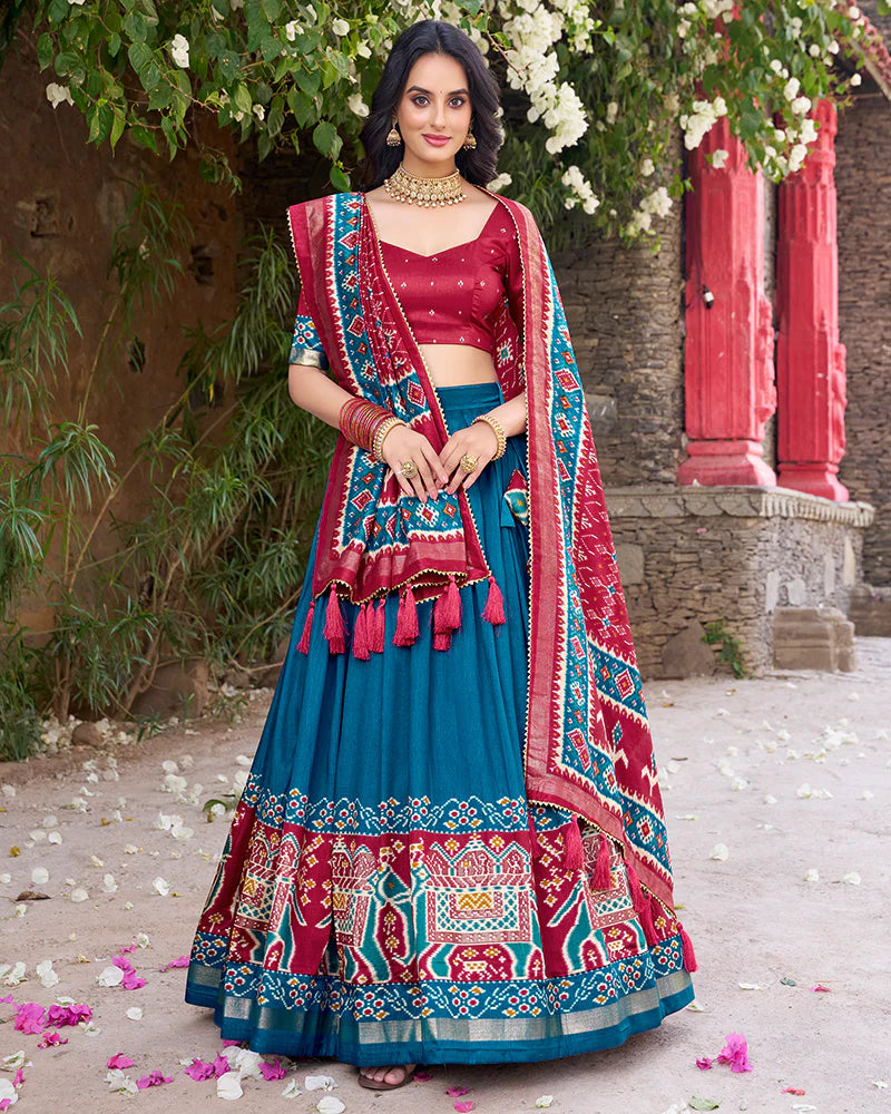 Womenline Designer Patola Printed Teal Green Color Tussar Silk Lehenga Choli