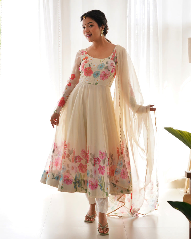 Womenline Off White Floral Print Organza Three Piece Anarkali Suit