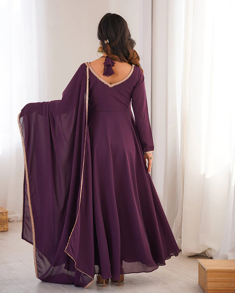 Womenline Wine Color Pure Blooming Georgette Anarkali Gown