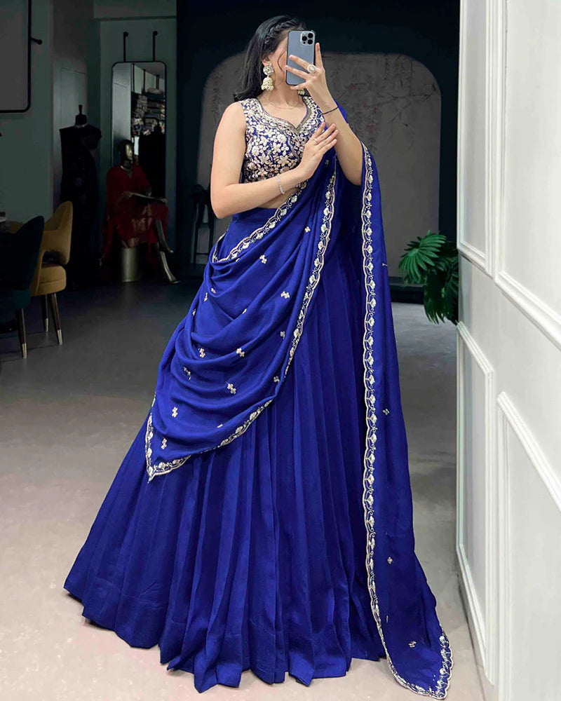 Womenline Royal Blue Color P.C. Kashmiri Embroidered Lehenga Choli