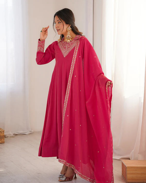 Womenline Rani Pink Color Pure Shimmer Silk Anarkali Suit