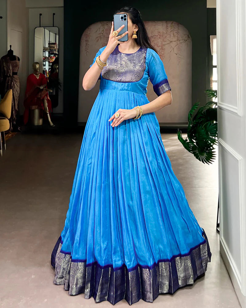 Womenline Blue Color Mass Mello Zari Weaving Gown