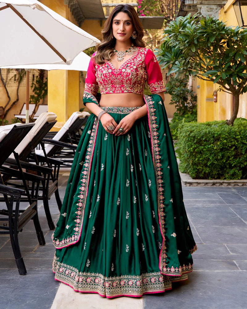 Womenline Green Color Satin Silk Embroidered Lehenga Choli