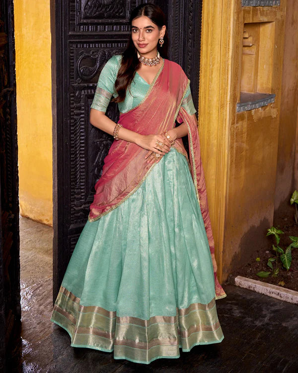 Womenline Sky Blue Color Dupion Silk Zari Weaving Half Saree