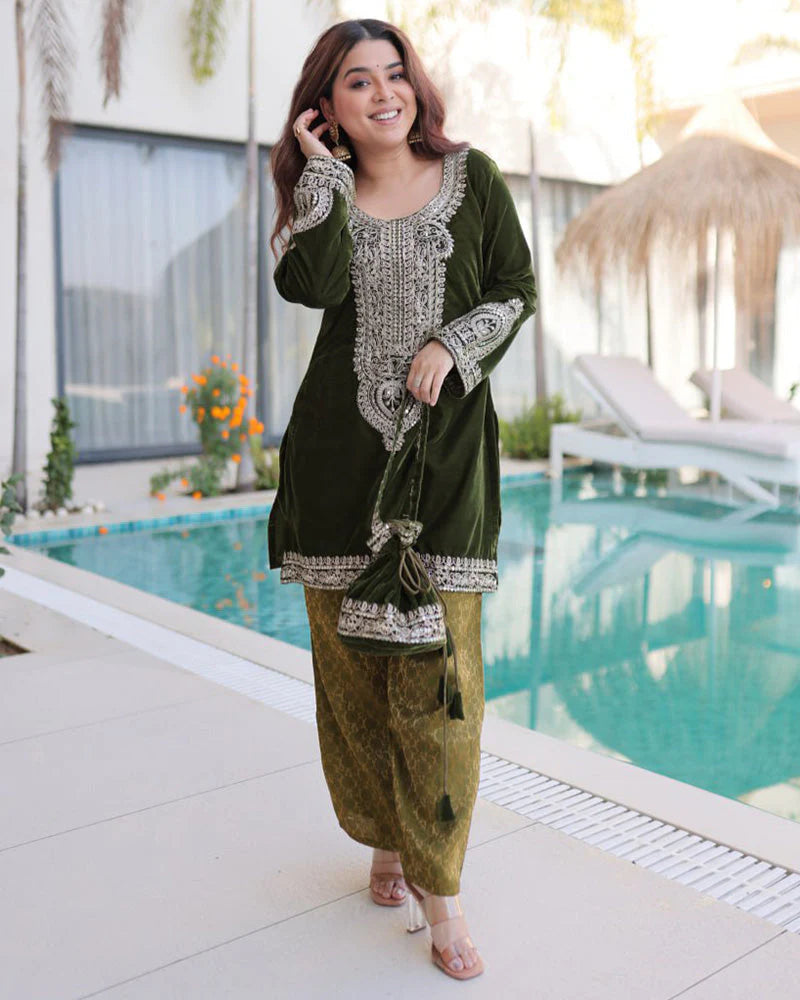 Womenline Mehndi Color Velvet Embroidered Kurti Suit