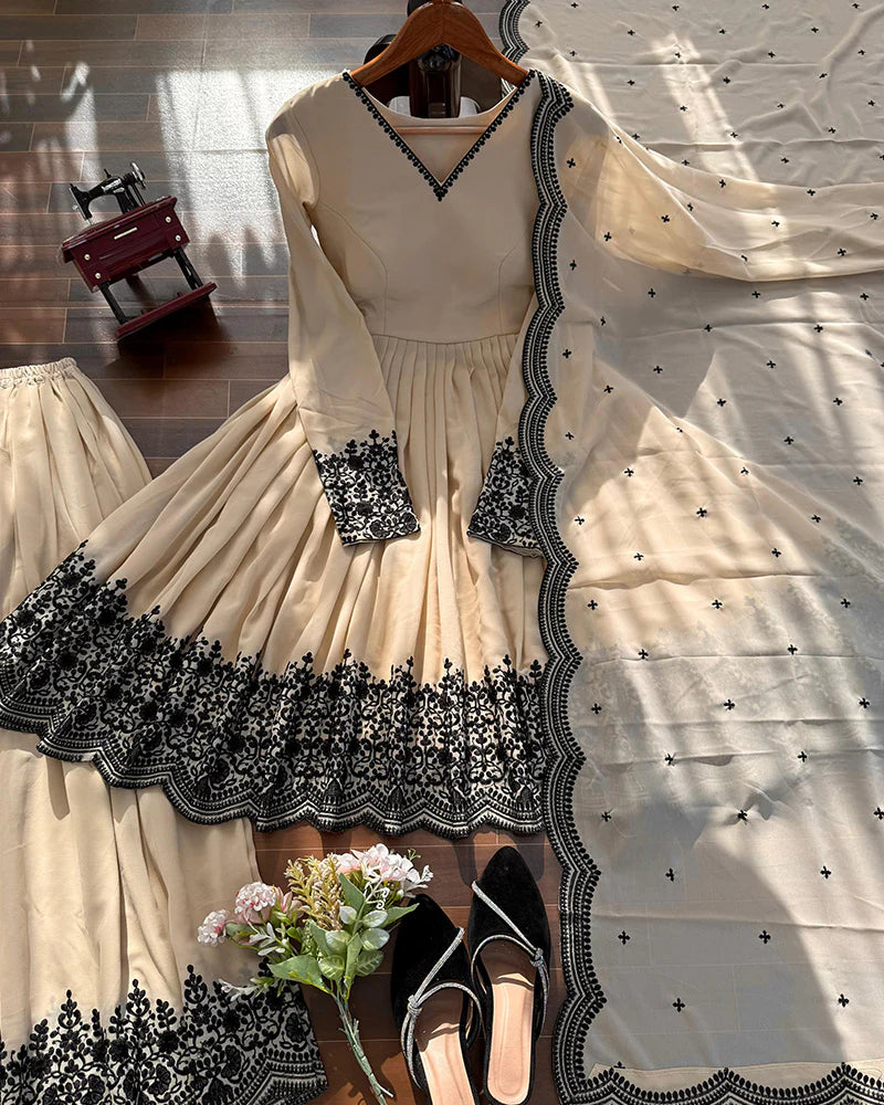 Womenline Off-White Color Faux Georgette Embroidered Plazzo Suit
