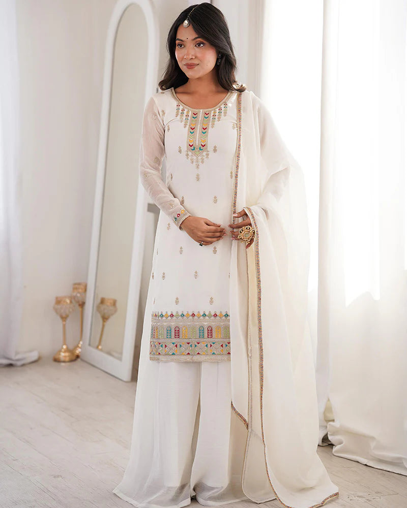 Womenline White Color Crunchy Silk Embroidered Plazzo Suit