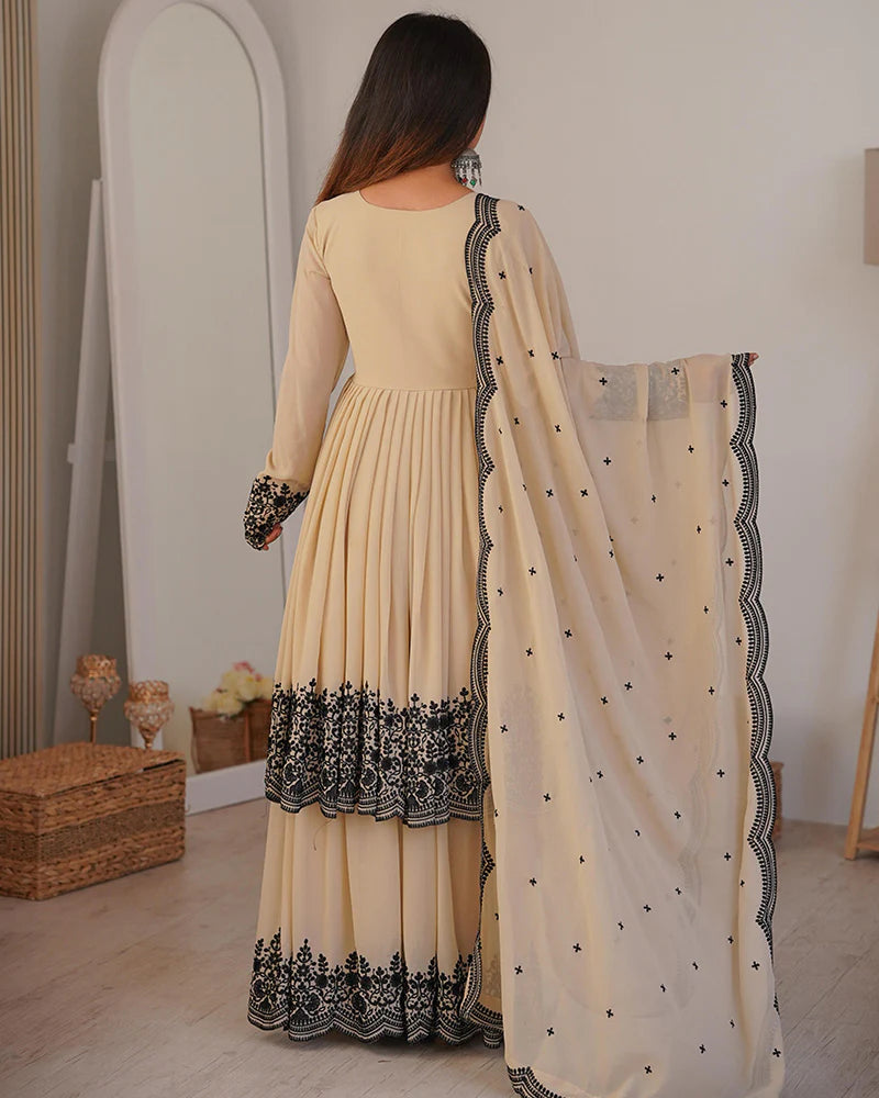 Womenline Off-White Color Faux Georgette Embroidered Plazzo Suit