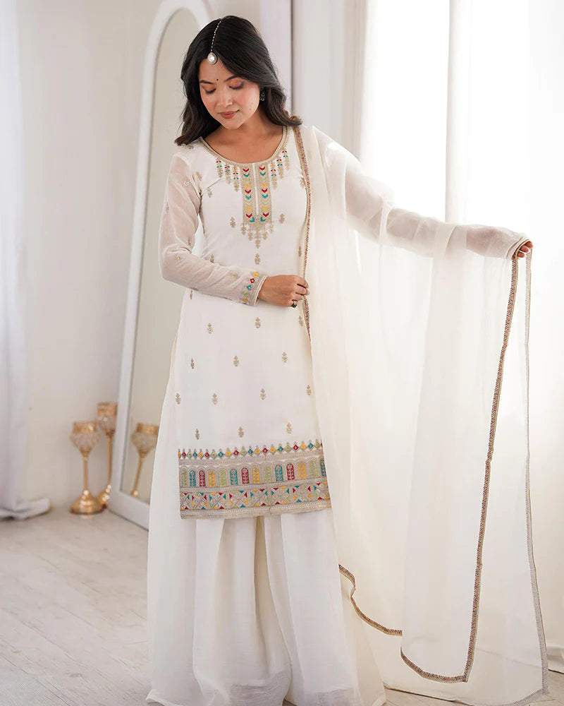 Womenline White Color Crunchy Silk Embroidered Plazzo Suit