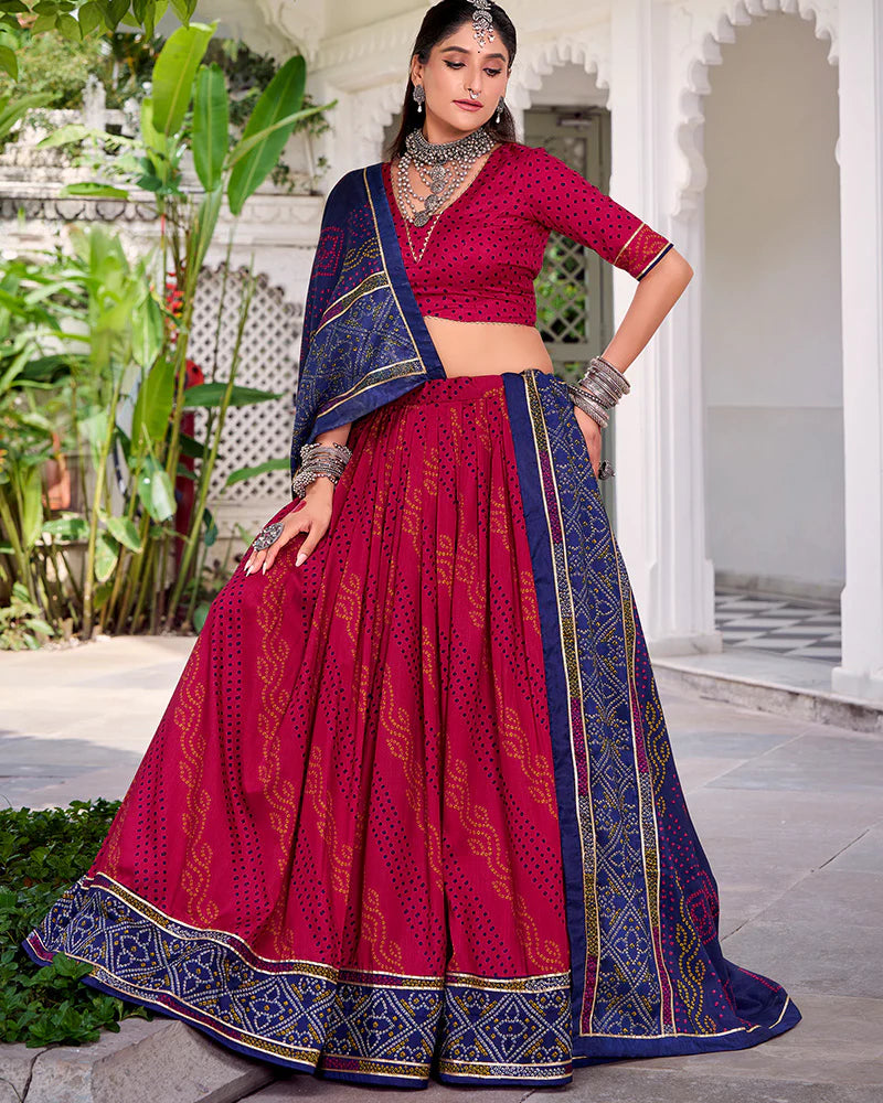 Womenline Elegant Pink Color Tussar Silk Bandhej Navratri Lehenga Choli