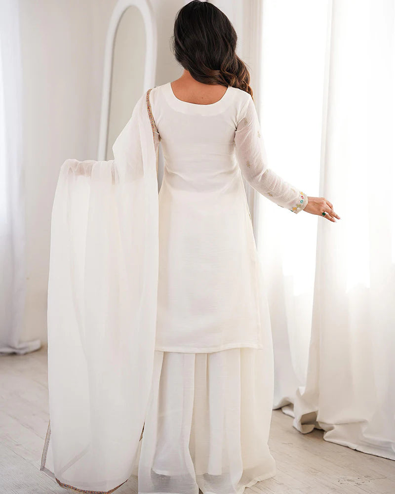 Womenline White Color Crunchy Silk Embroidered Plazzo Suit