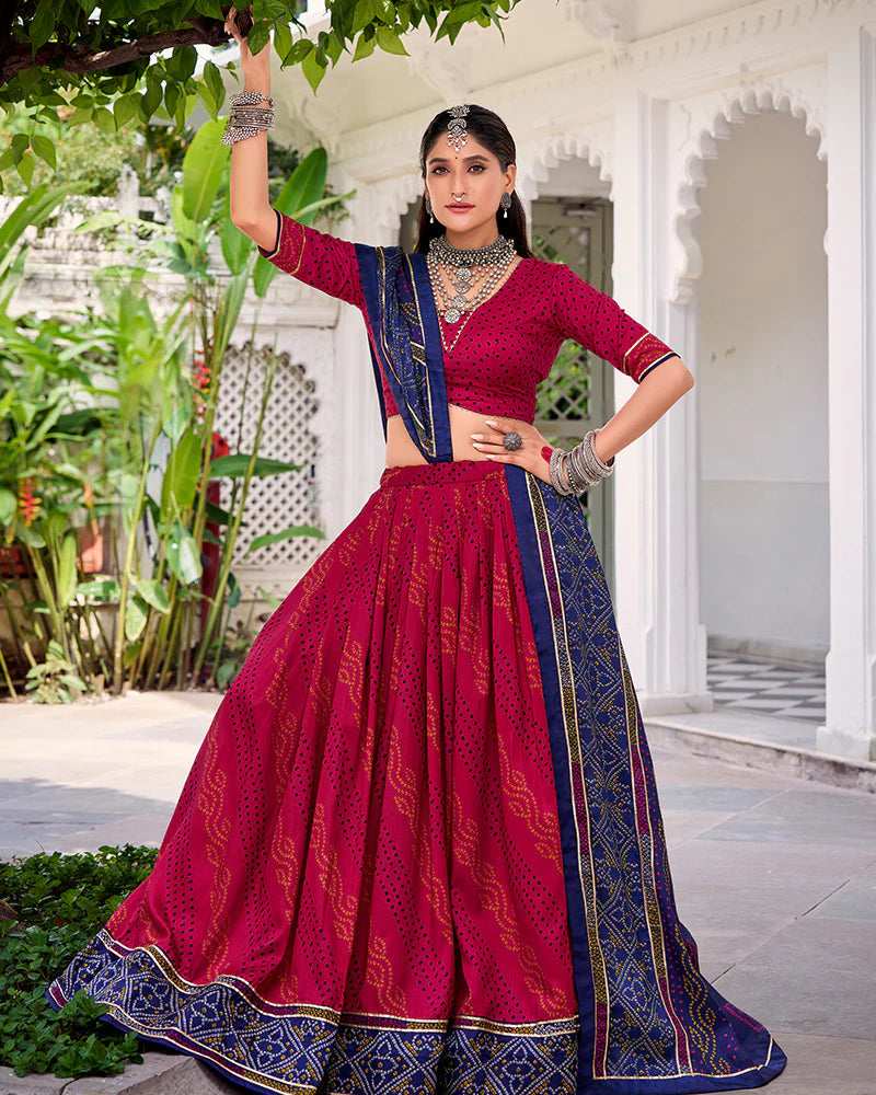 Womenline Elegant Pink Color Tussar Silk Bandhej Navratri Lehenga Choli