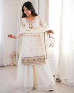 Womenline White Color Crunchy Silk Embroidered Plazzo Suit