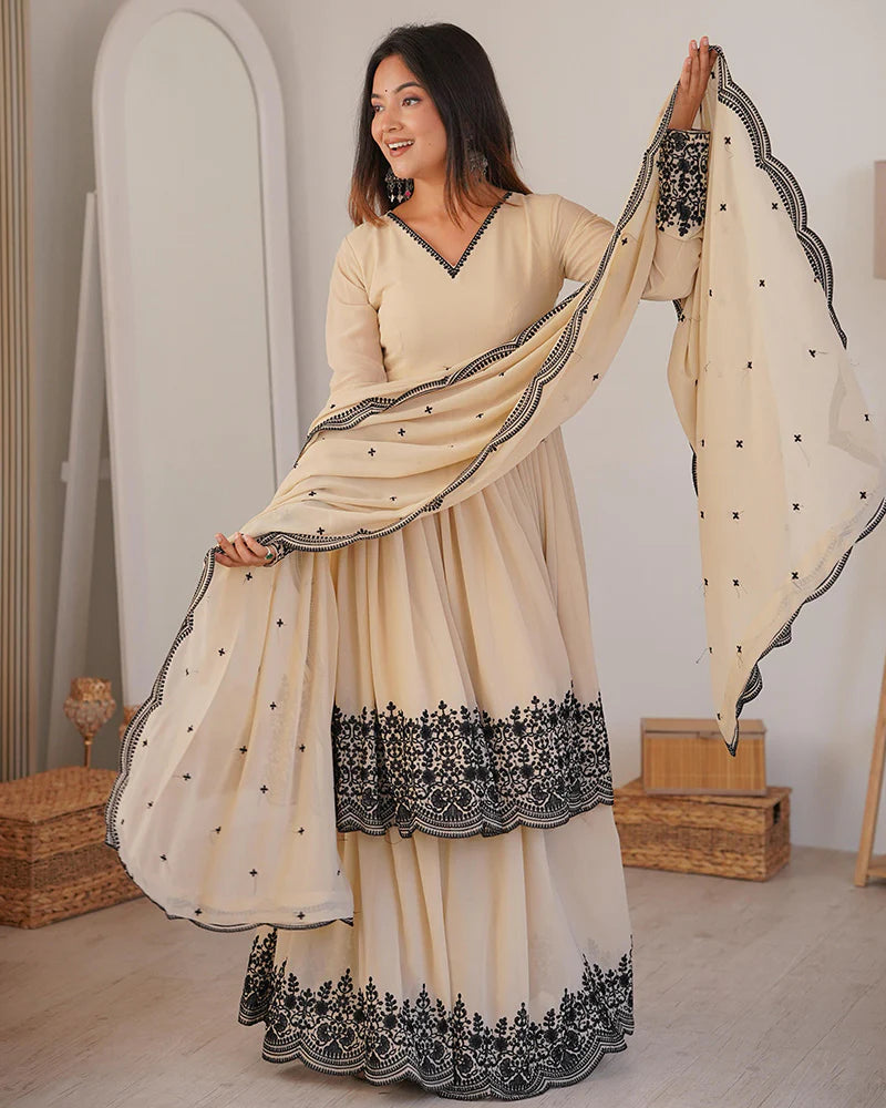 Womenline Off-White Color Faux Georgette Embroidered Plazzo Suit