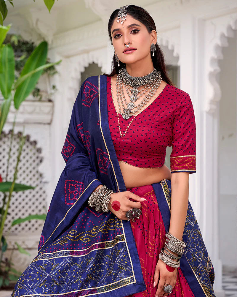 Womenline Elegant Pink Color Tussar Silk Bandhej Navratri Lehenga Choli