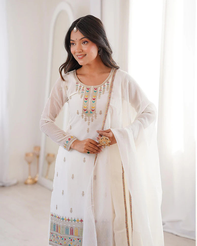 Womenline White Color Crunchy Silk Embroidered Plazzo Suit