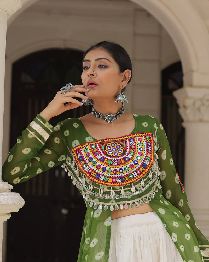 Womenline Parrot Green Color Bandhani Print Kurti With Kora Cotton Lehenga