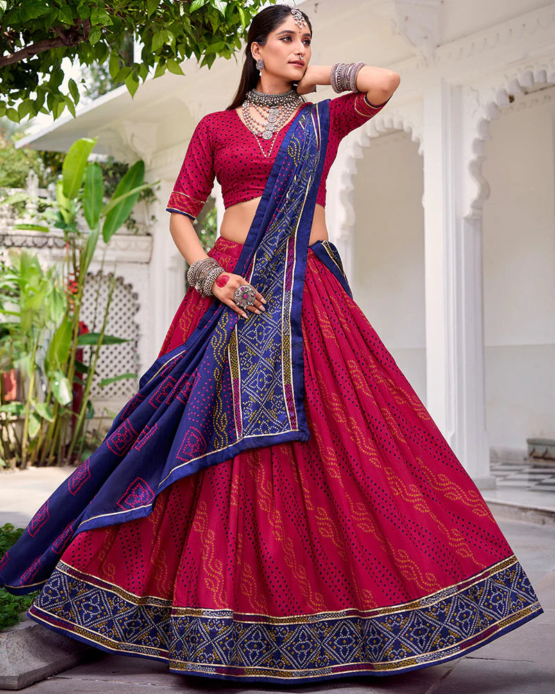 Womenline Elegant Pink Color Tussar Silk Bandhej Navratri Lehenga Choli