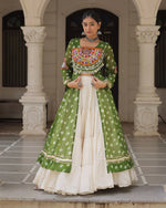 Womenline Parrot Green Color Bandhani Print Kurti With Kora Cotton Lehenga