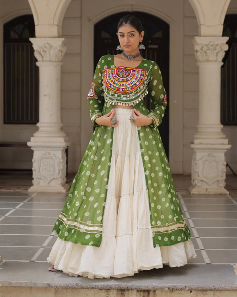 Womenline Parrot Green Color Bandhani Print Kurti With Kora Cotton Lehenga