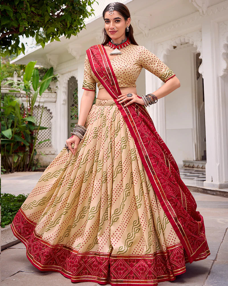 Womenline Elegant Off-White Color Tussar Silk Bandhej Navratri Lehenga Choli