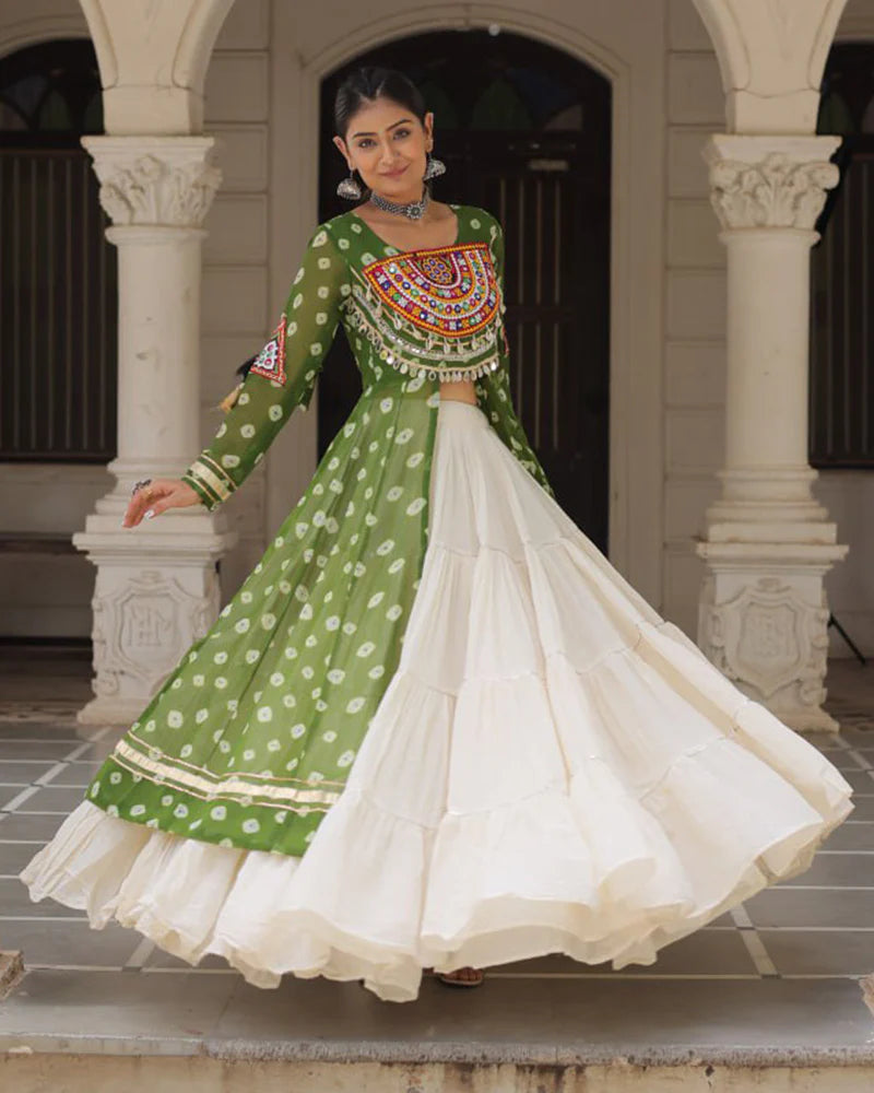 Womenline Parrot Green Color Bandhani Print Kurti With Kora Cotton Lehenga