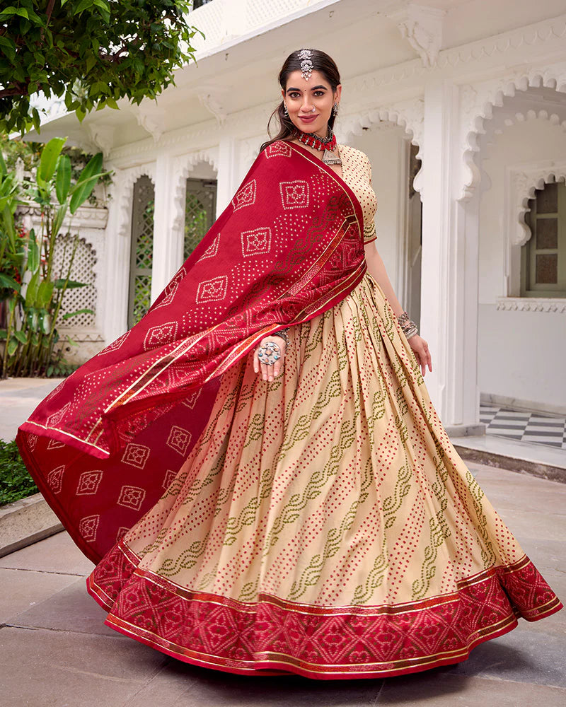 Womenline Elegant Off-White Color Tussar Silk Bandhej Navratri Lehenga Choli